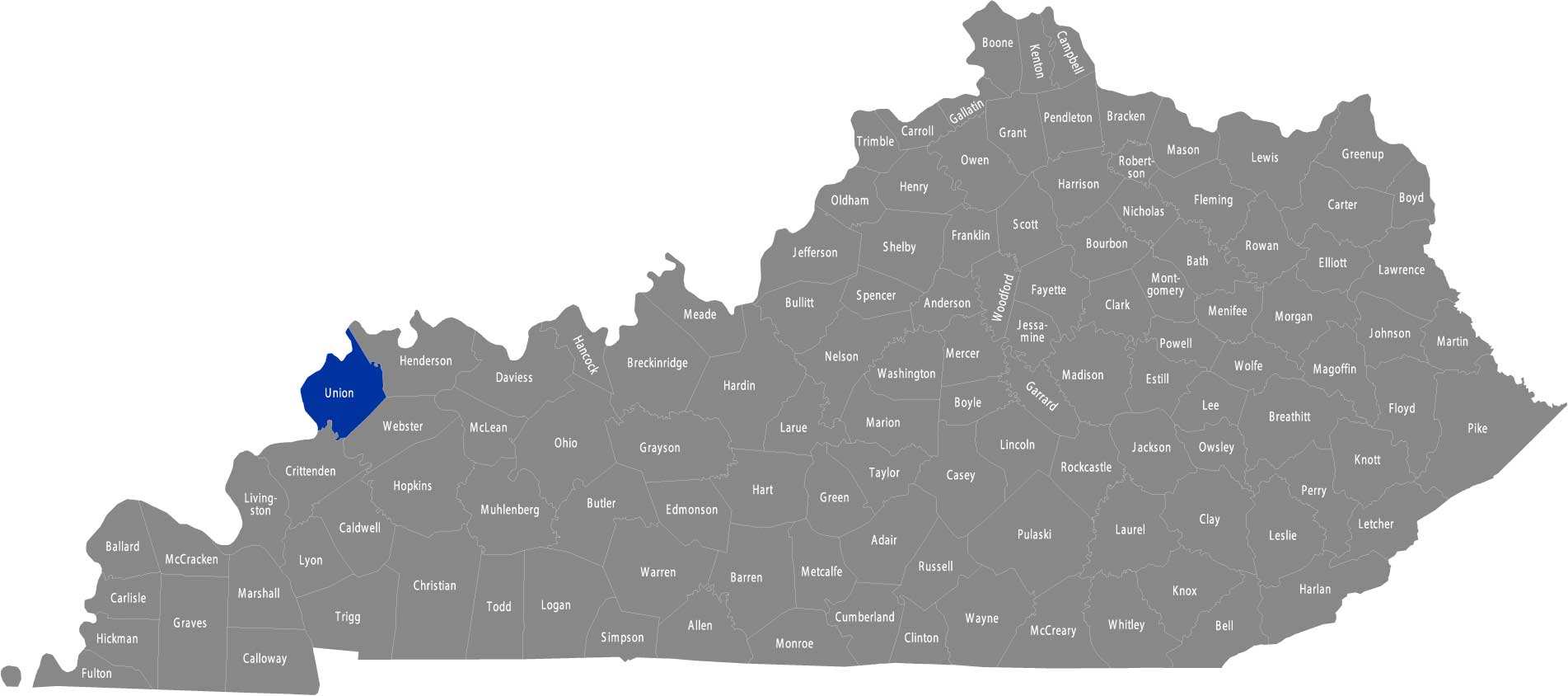 State of Kentucky map with Union County highlighted